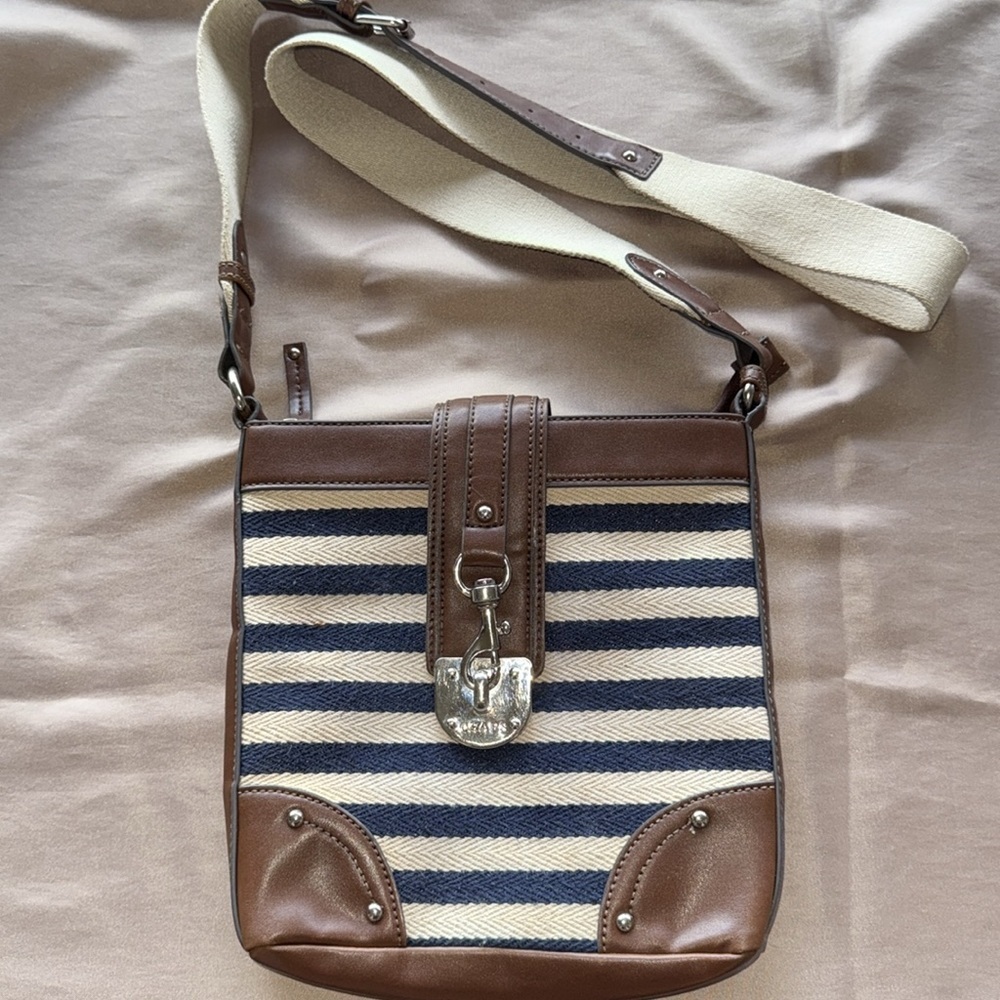 Chaps Ralph Lauren Preppy Nautical Stripe Crossbody Bag Navy Cream & Brown Trim